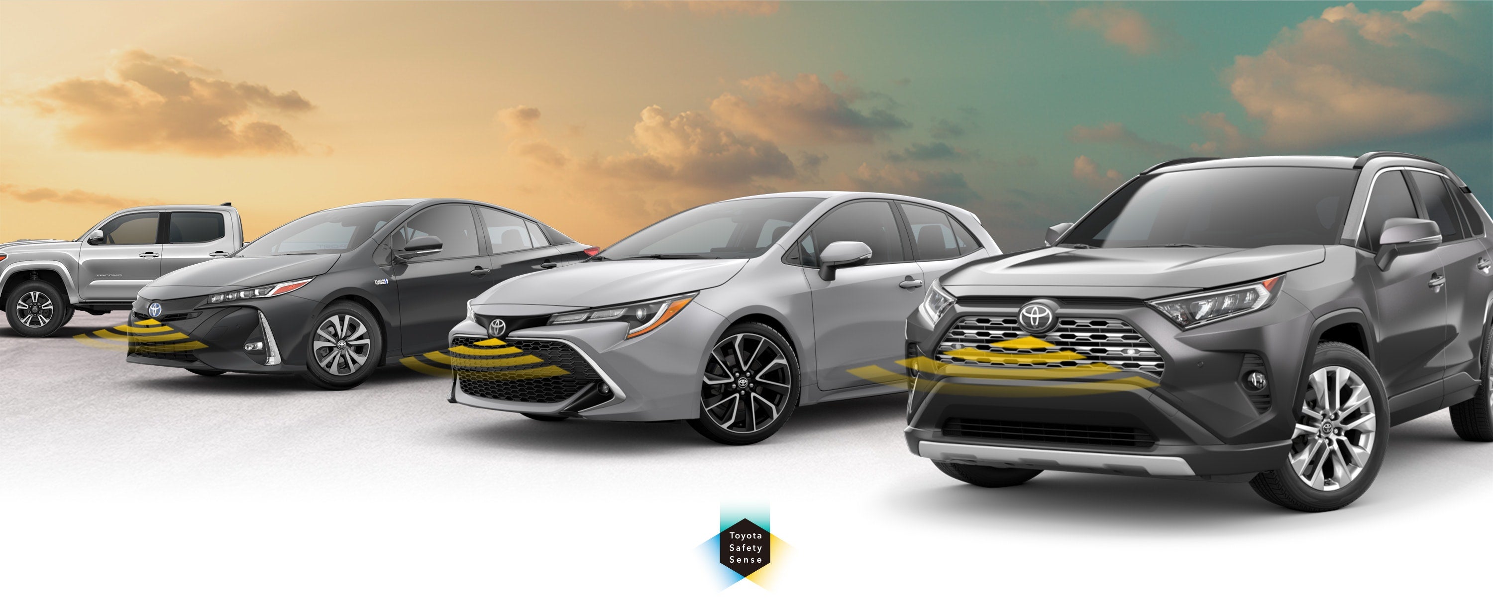 Toyota Safety Sense: Designed for Safety. Options shown on Toyota models including RAV4, Tacoma, and Camry, available now at Crown Toyota in Ontario CA.